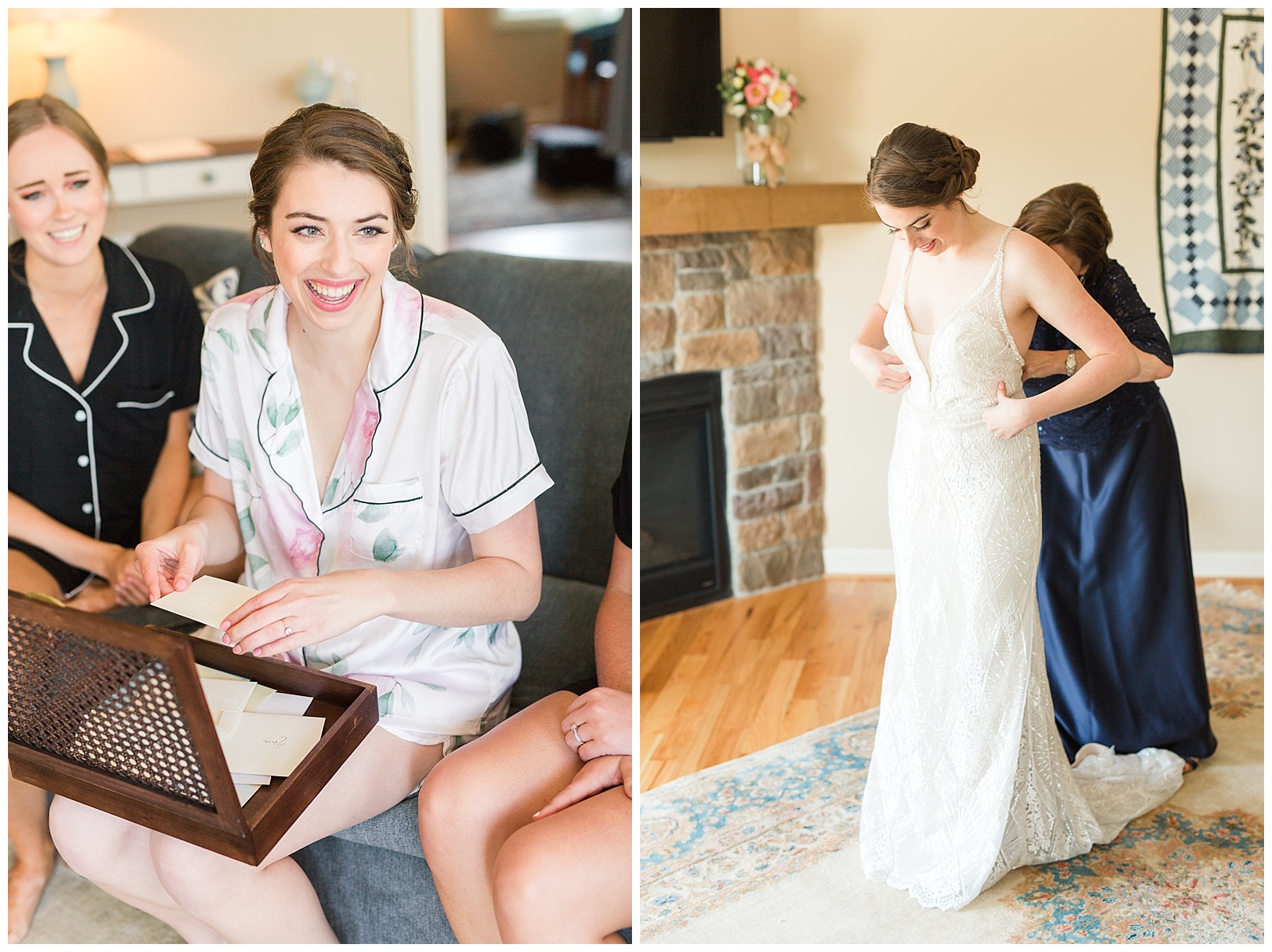 Bride laughing at letters and getting ready in her wedding dress