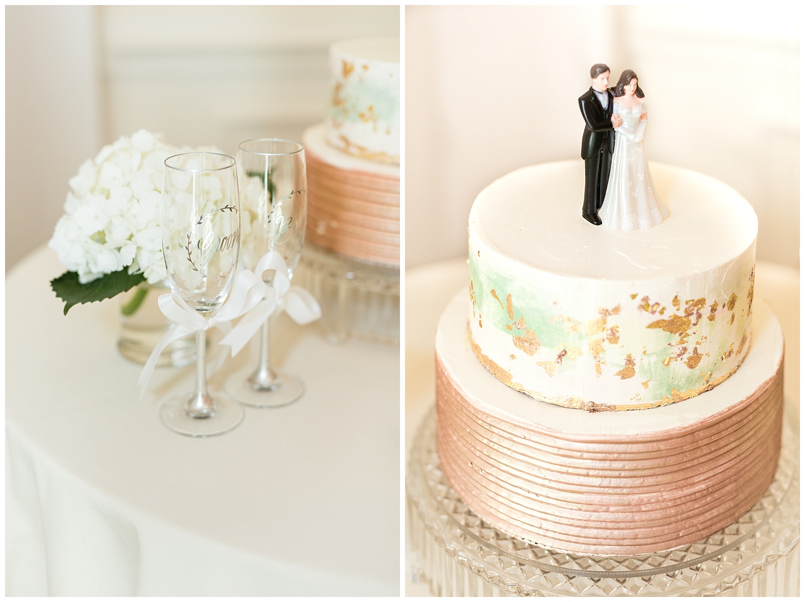 Cake detail images with gold foil and bride and groom glasses and figurine