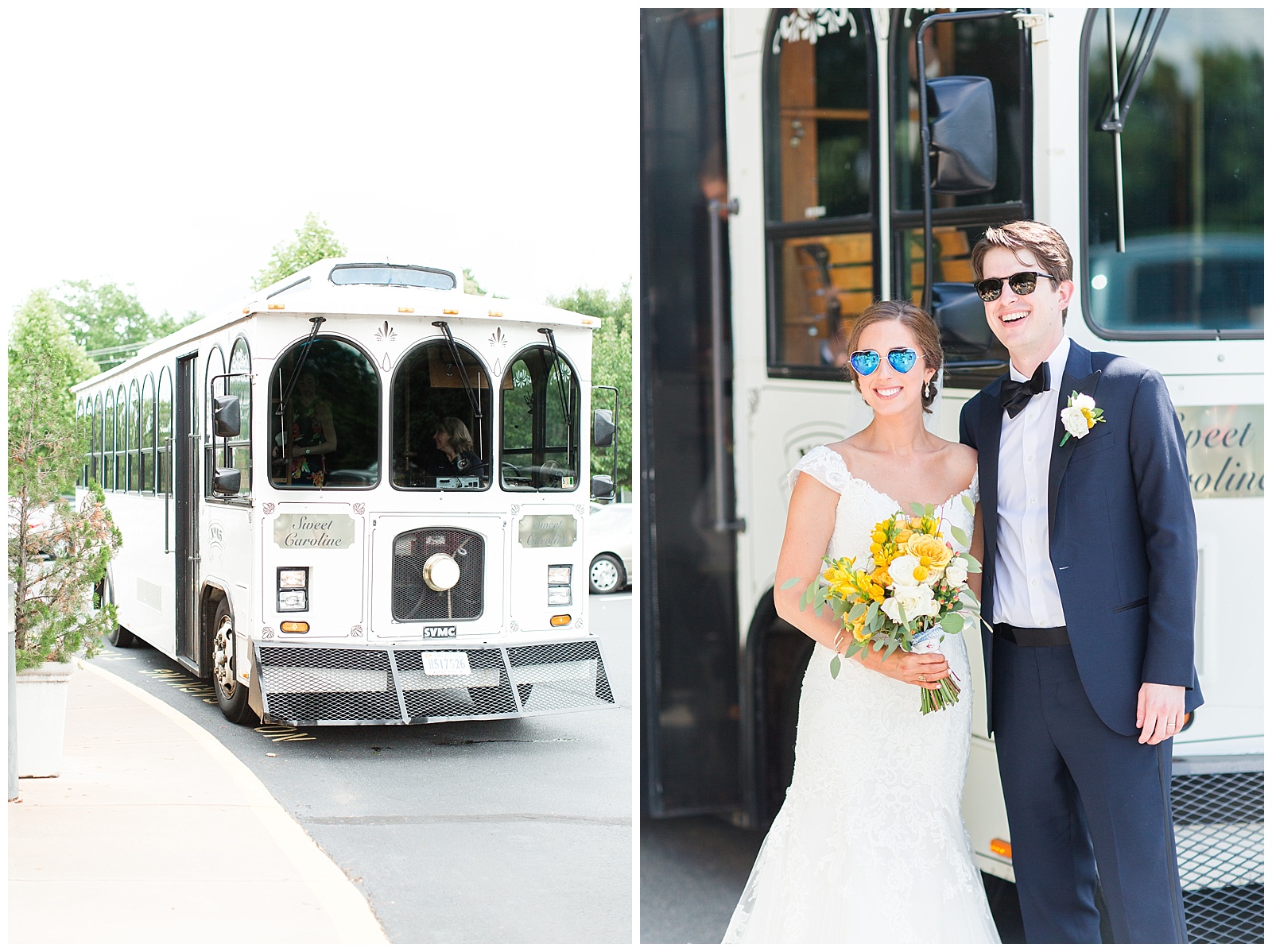 Bride and Groom with the Trolley in sunglasses
