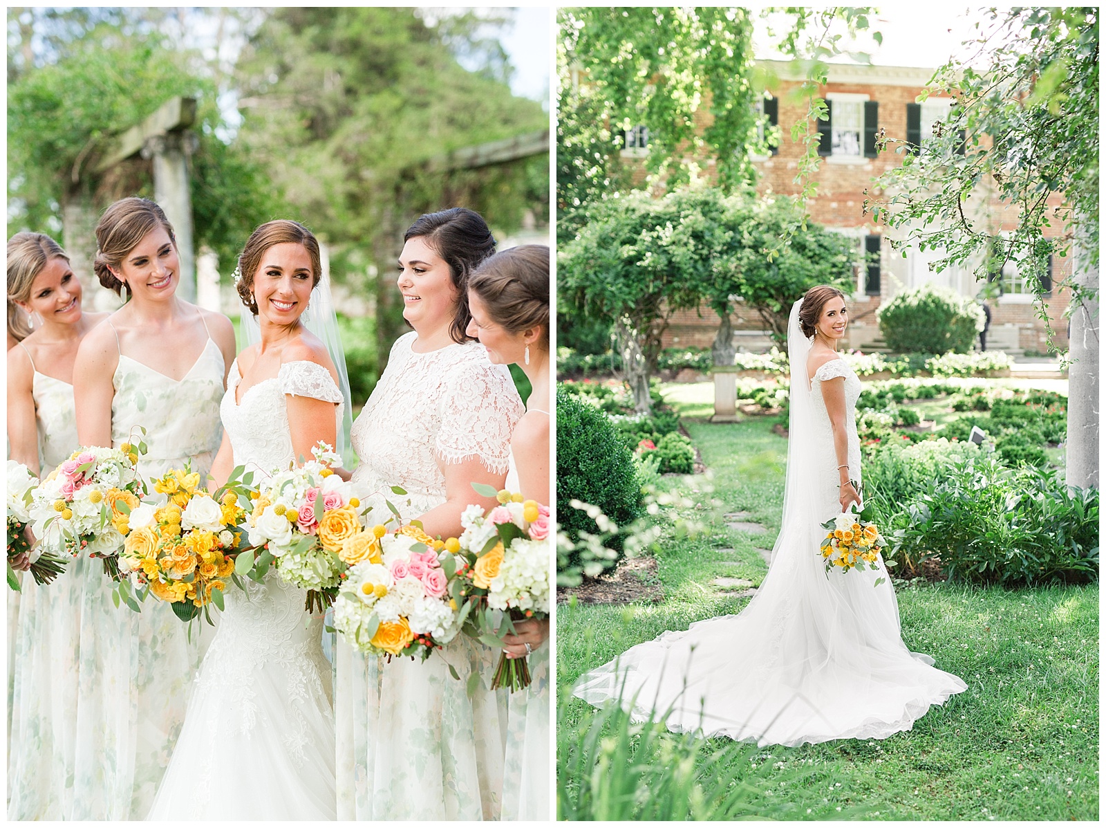 Bride + Bridesmaids in Chatham Manor Garden wearing white floral dresses and yellow bouquets in front of the historic Fredericksburg Mansion