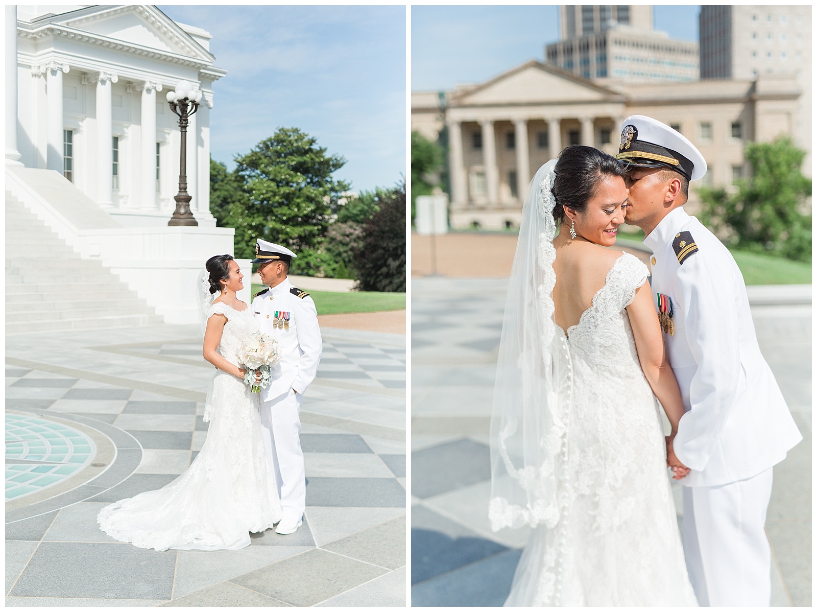 Bride and groom portraits at the virginia state capital building 