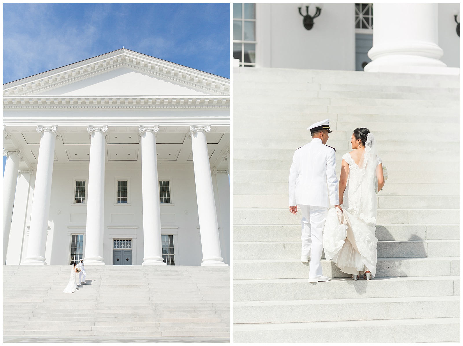 Bride and groom walking on stairs at the virginia state capital building in richmond virginia 
