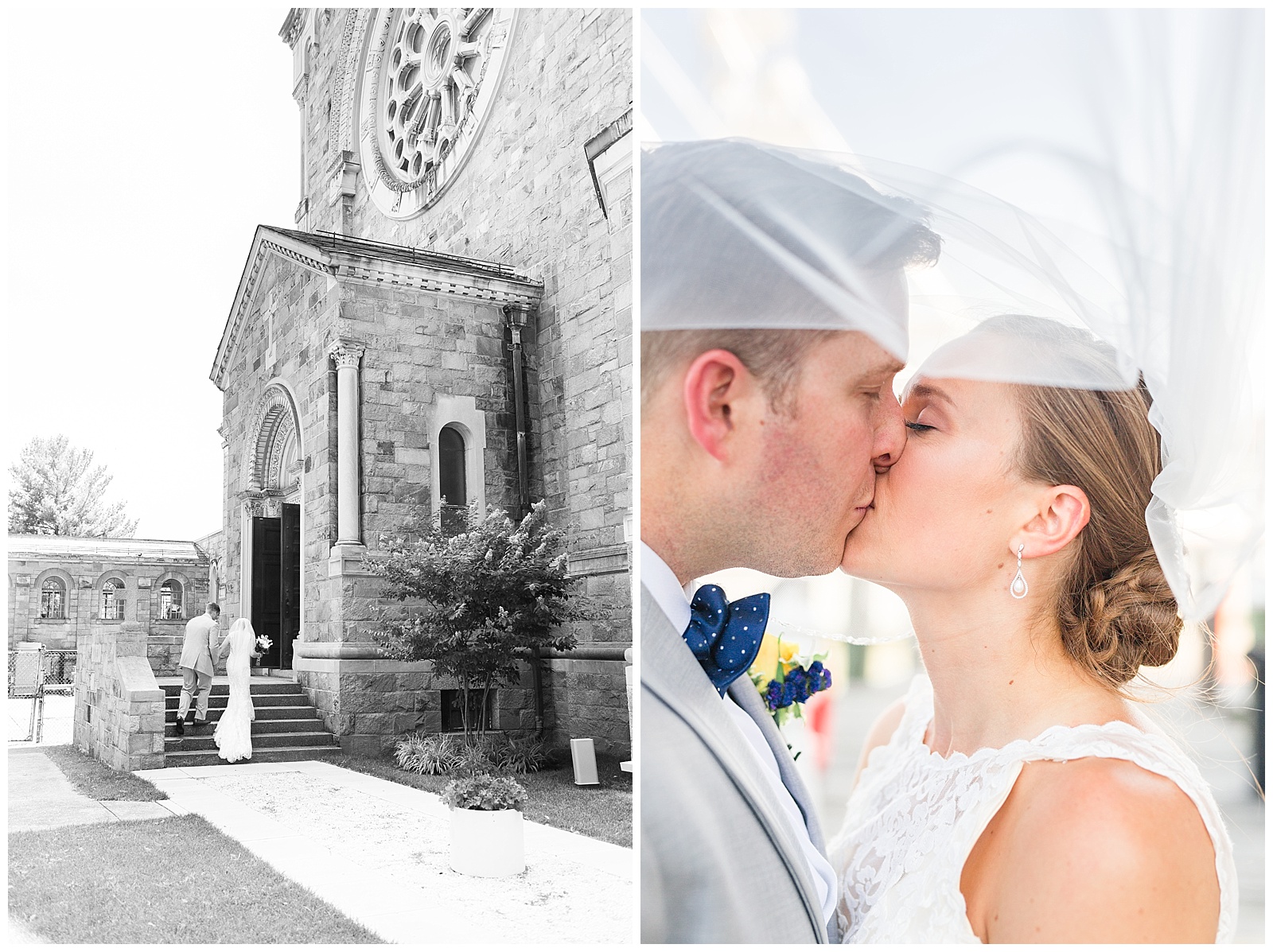 kissing under veil and walking up stone steps outside of gorgeous big church