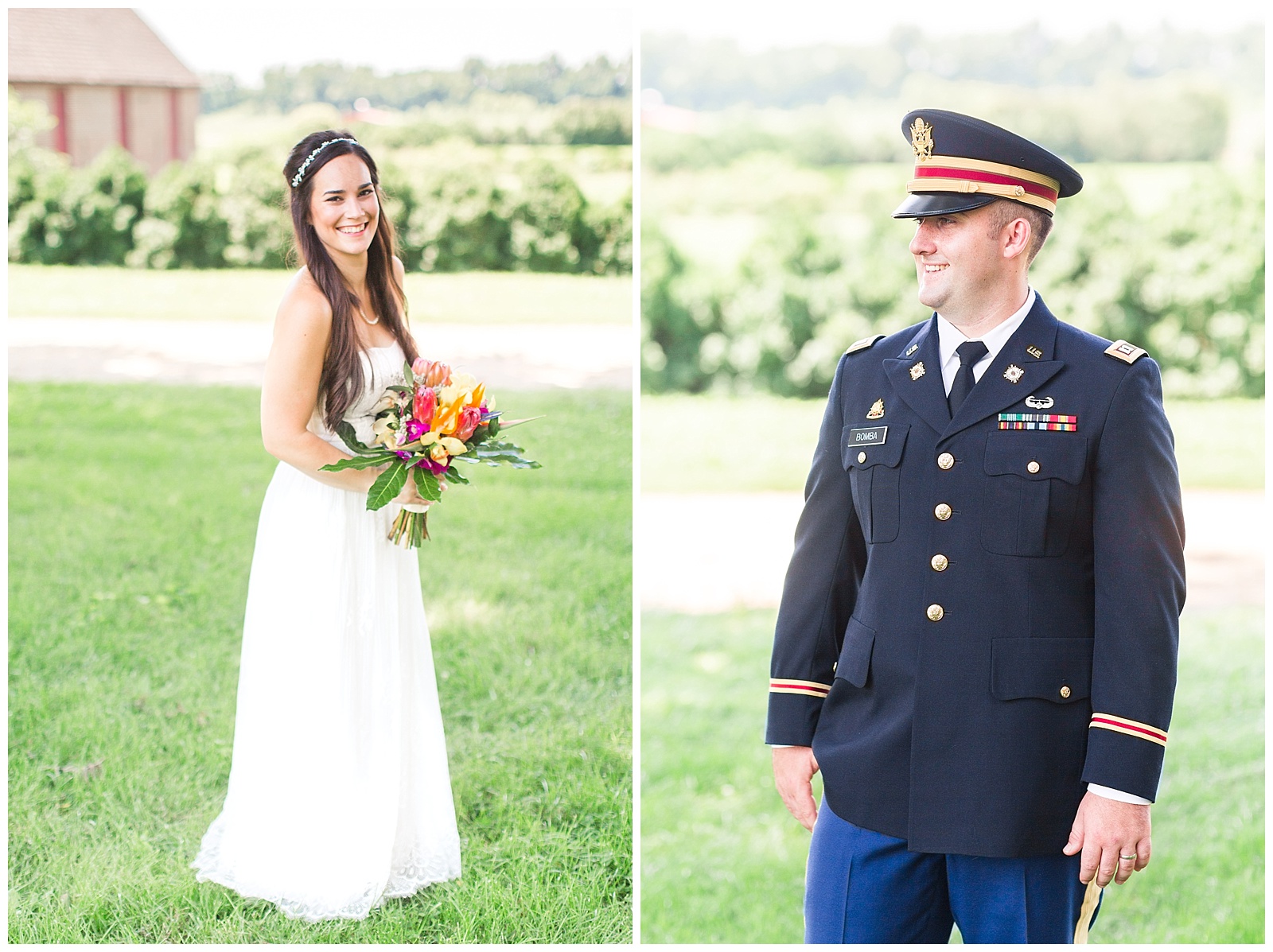 bridal portrait with bouquet and a groom portrait in dress blues