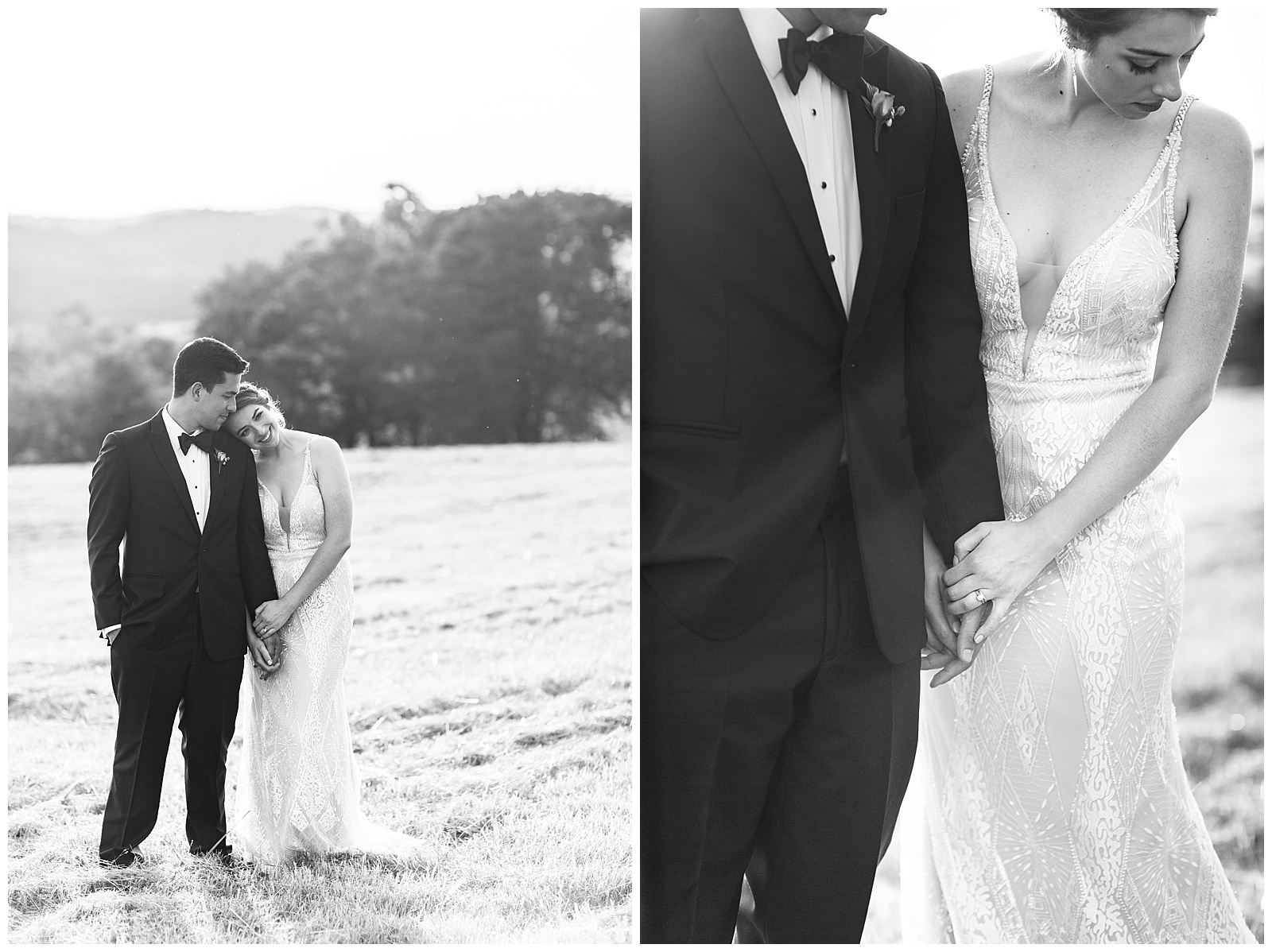 Bride and Groom Portraits in field black and white images at susnet. Bride holding grooms hands