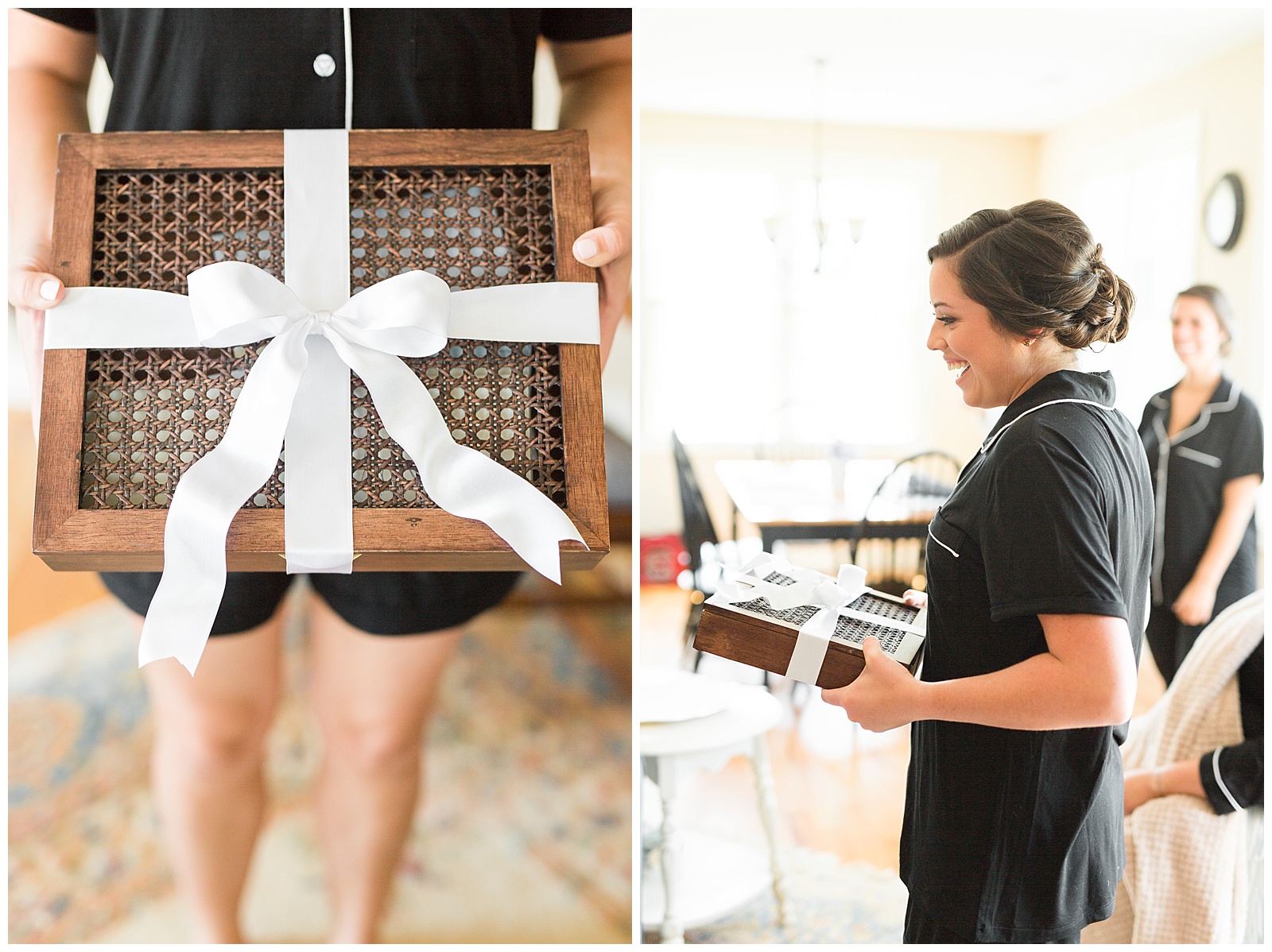 Bridesmaid give gift to Bride. Box of letters given to her on morning of wedding. 