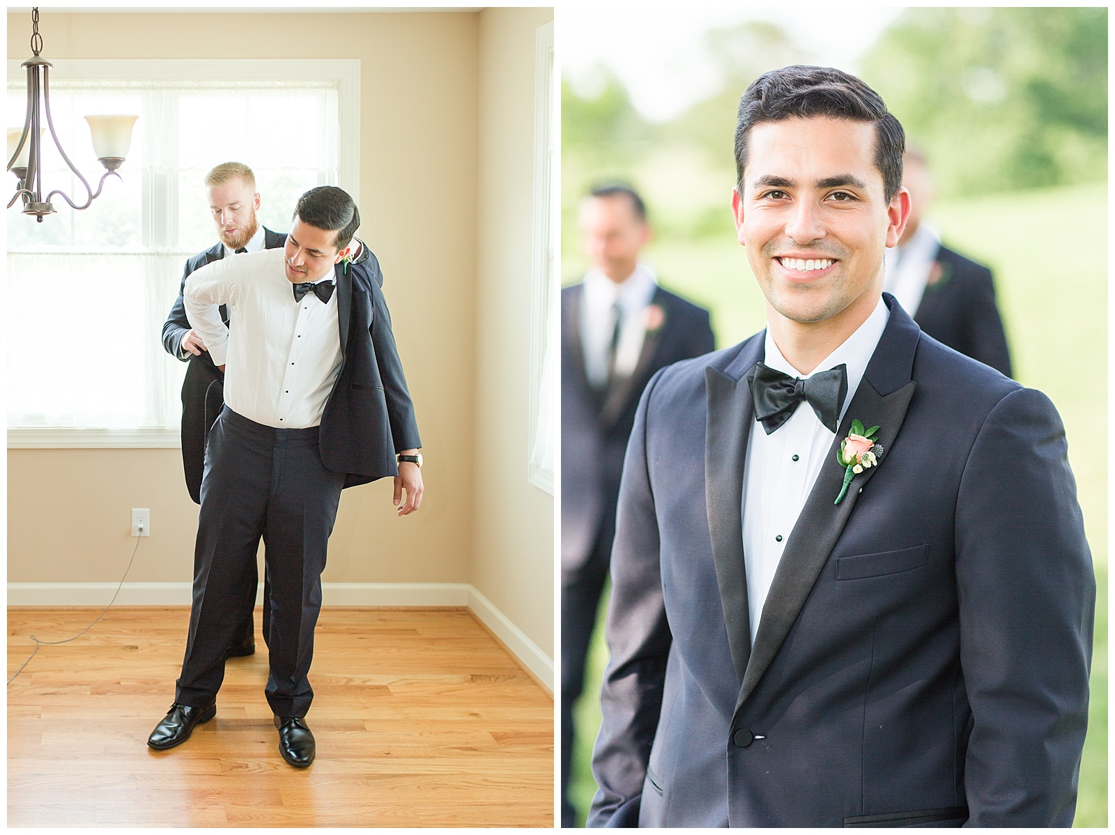 Groom putting jacket on and getting ready portraits