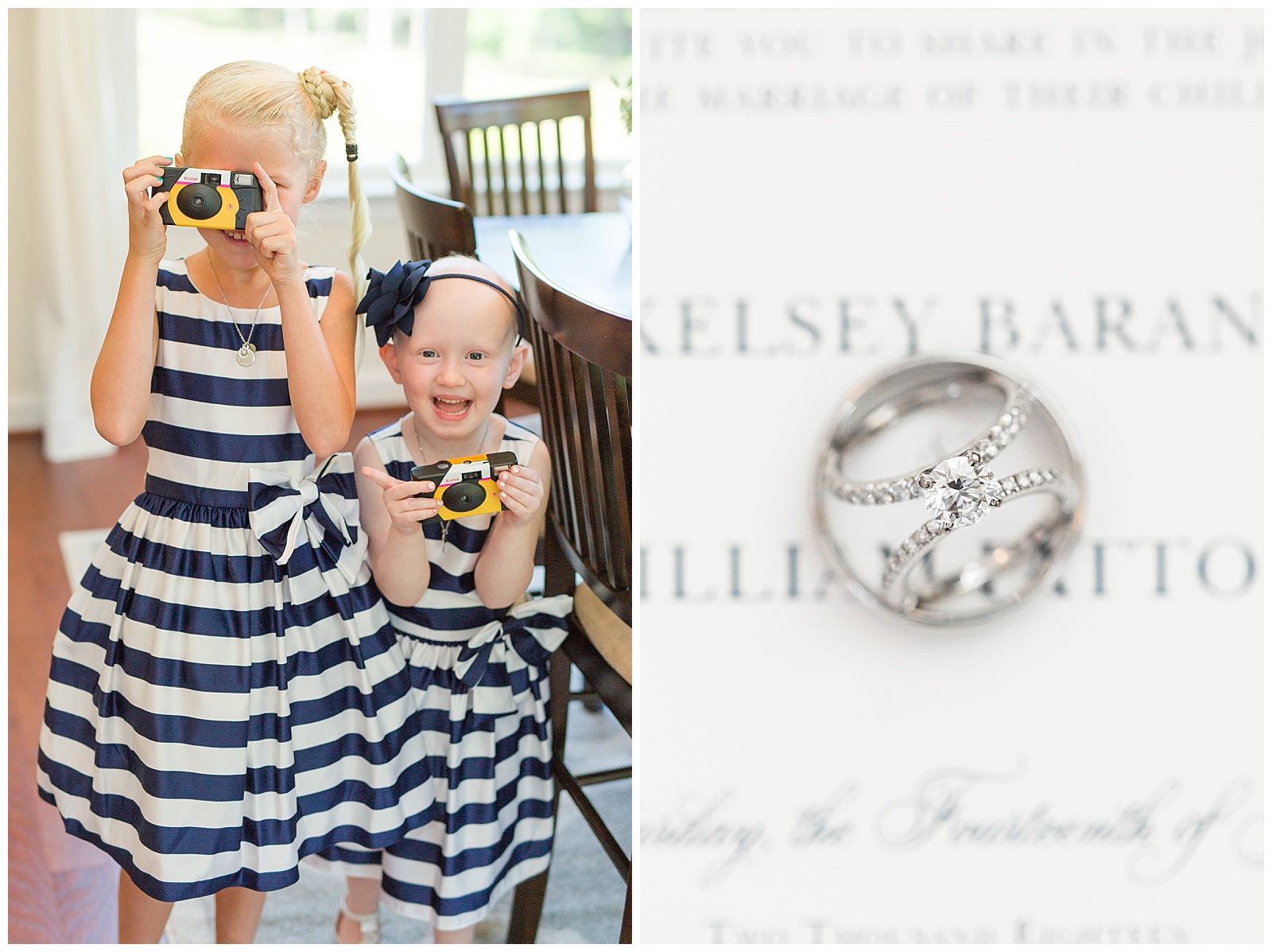 Two little flower girls in striped blue nautical dresses and polaroid cameras smiling and a ring shot