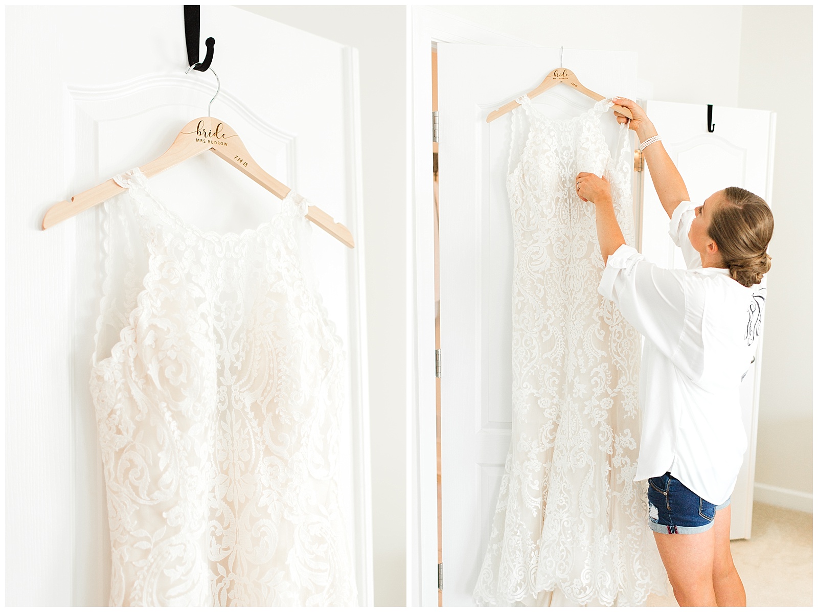 Bride's dress on a hanger with her married name